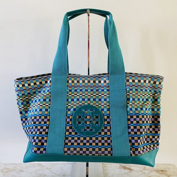 TORY BURCH Teal Blue Color Block Canvas Tote Bag - Picture 1 of 12